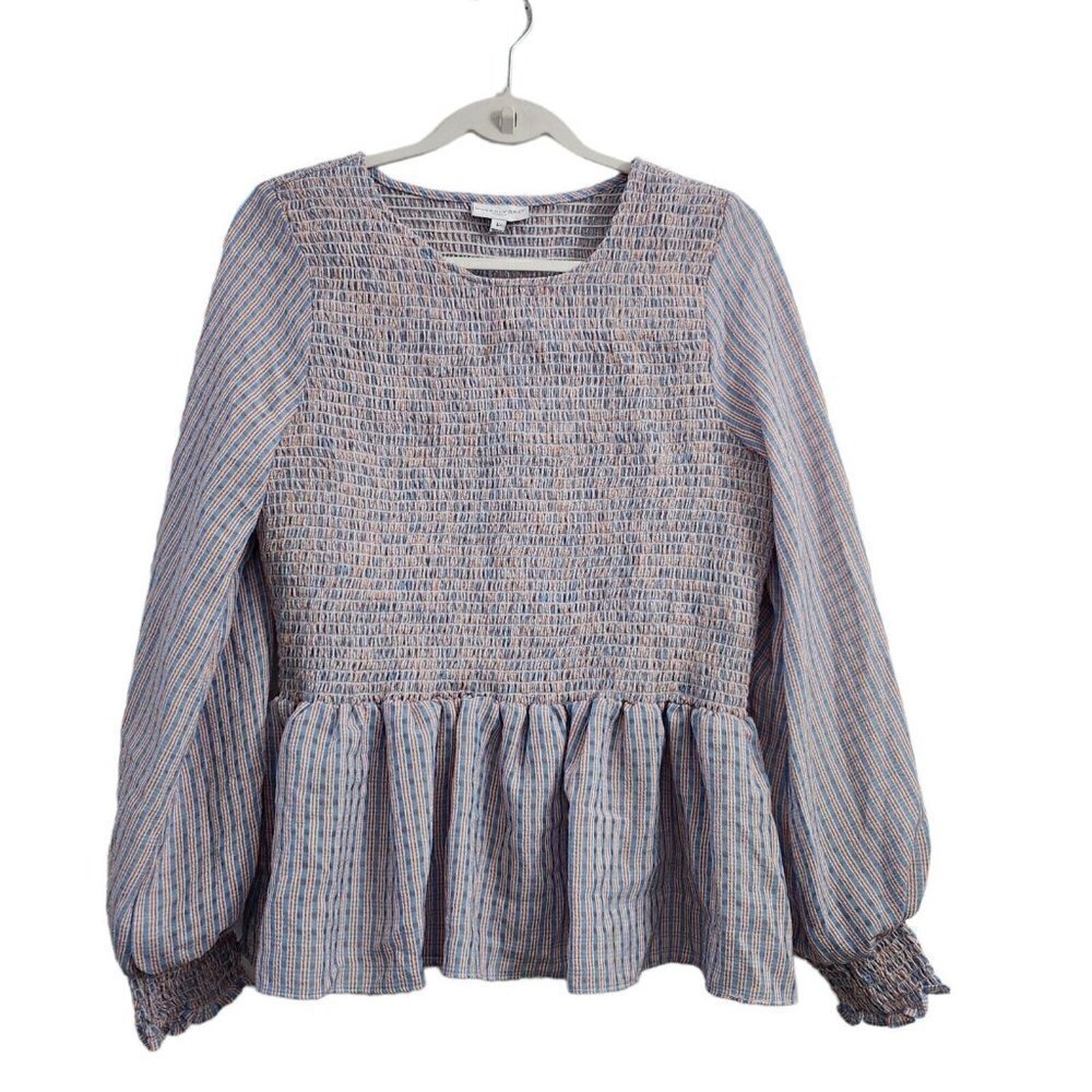 Waverly Grey Anthropologie Blouse Large Blue Ainsley Smocked Peplum Top NWT